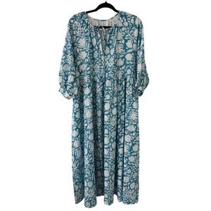 Womens Floral Teal Puff Sleeve Maxi Dress Size L Vacay Coastal‎ Tropical Cruise